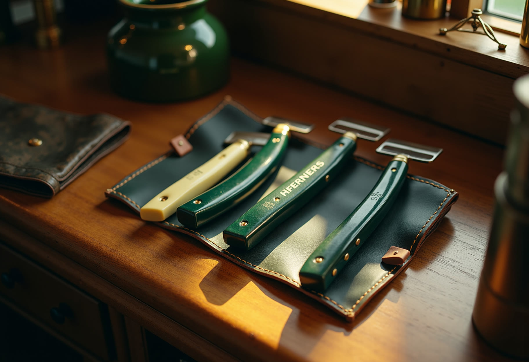 Straight razors stropped and racked