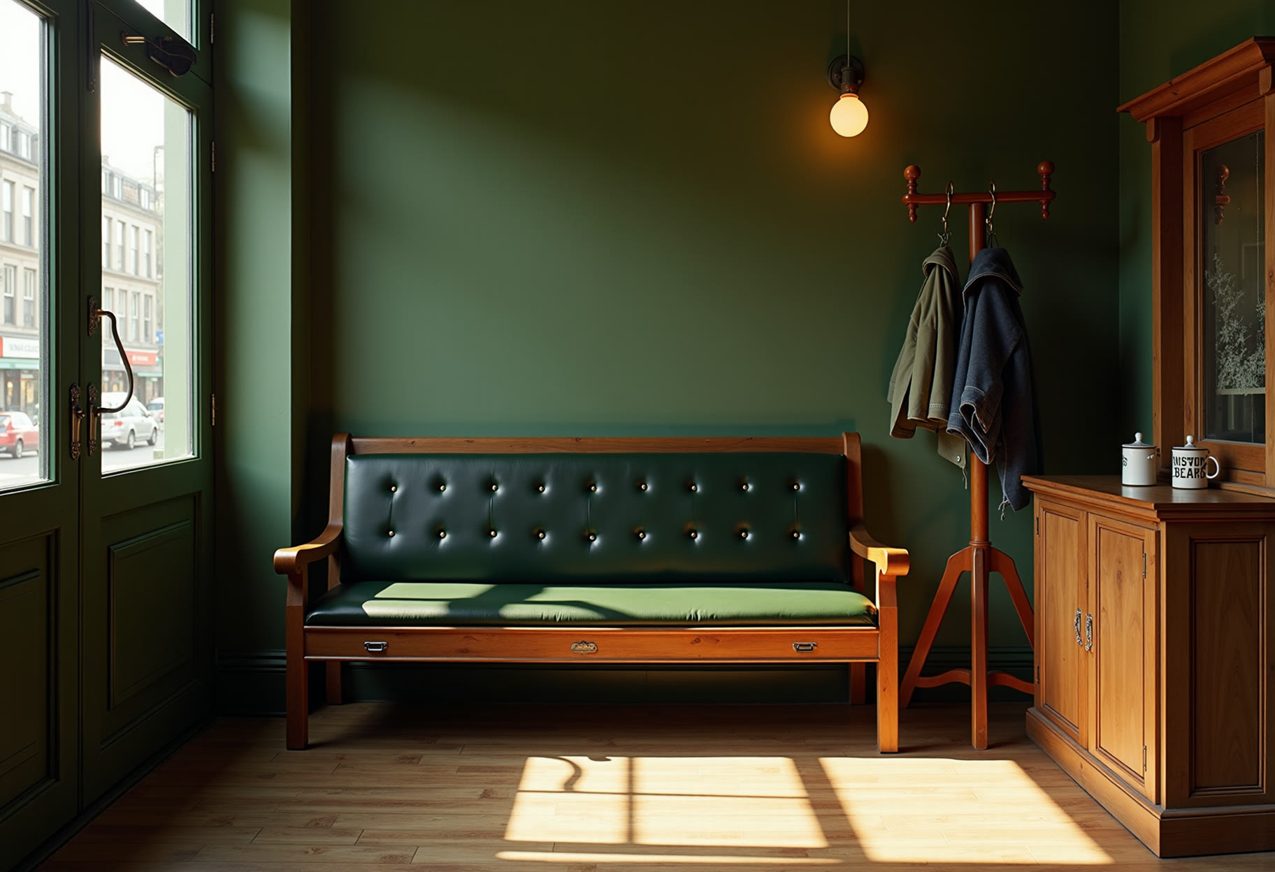 The waiting bench by the front door